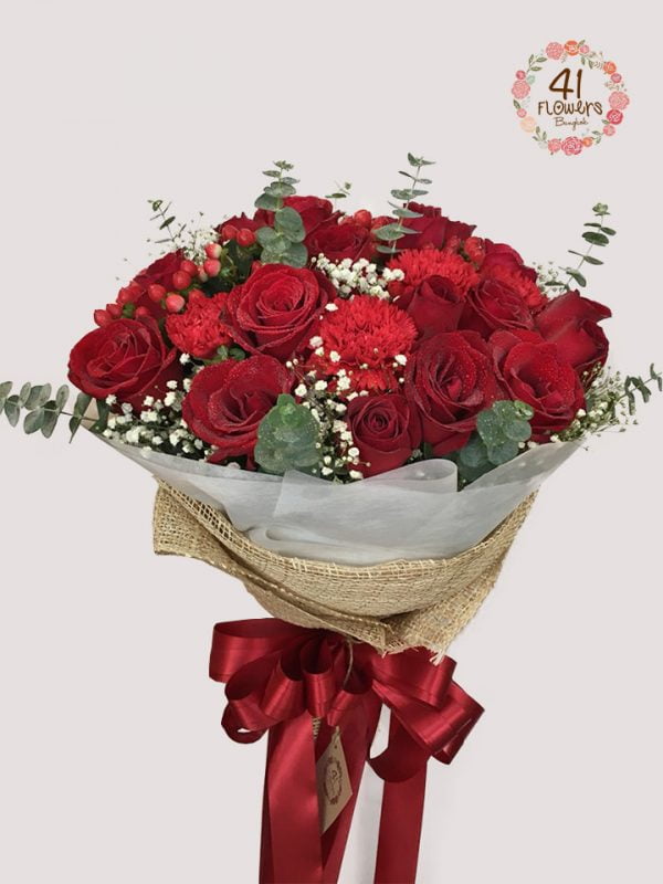 BQ-009 20 roses / red carnations / small flower and green mixed