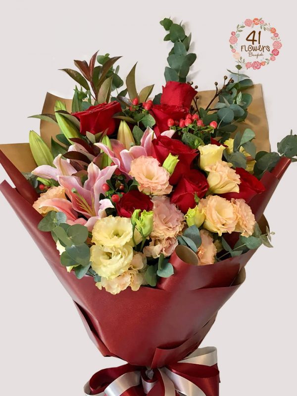 BQ-019 10 red roses, pink lilies, and colurful lisianthus